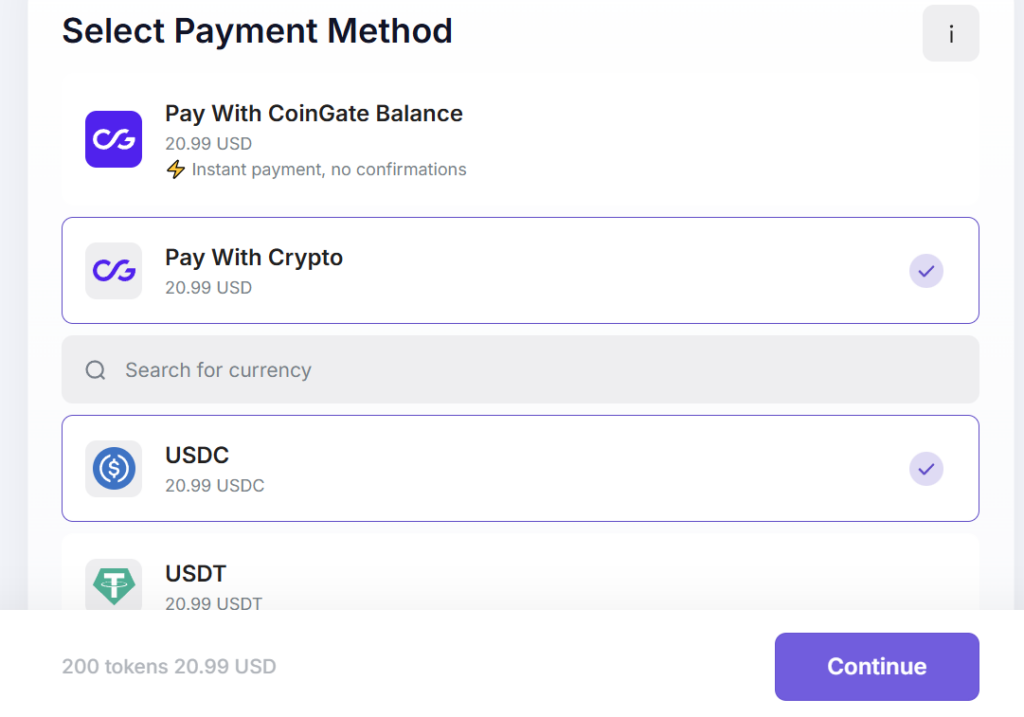 ストリップチャットの仮想通貨での決済画面。