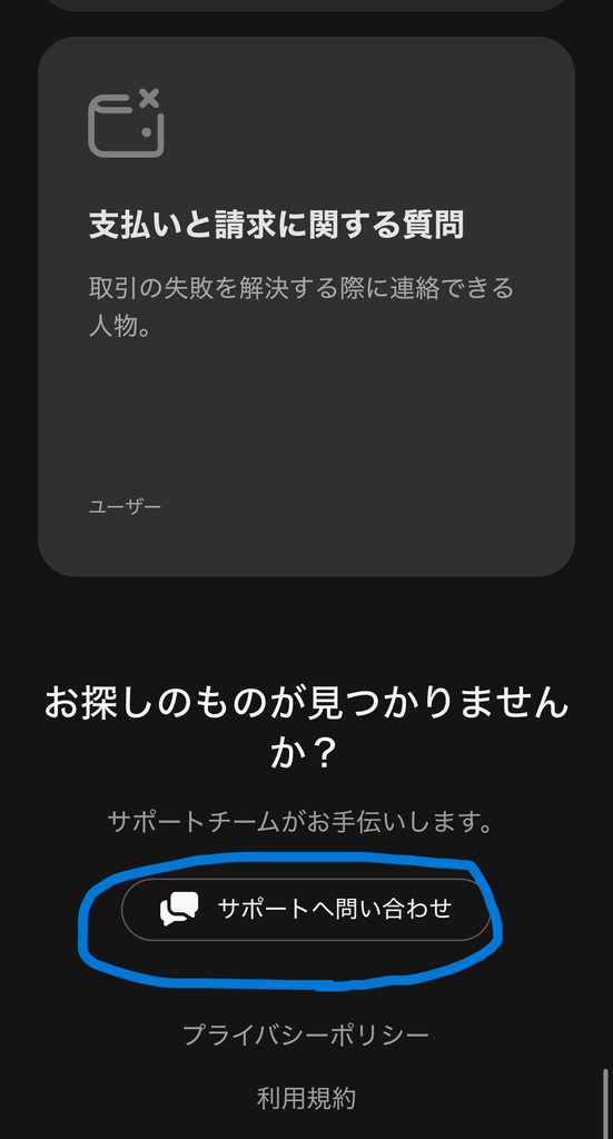 ストリップチャットでサポートへ問い合わせる画面。